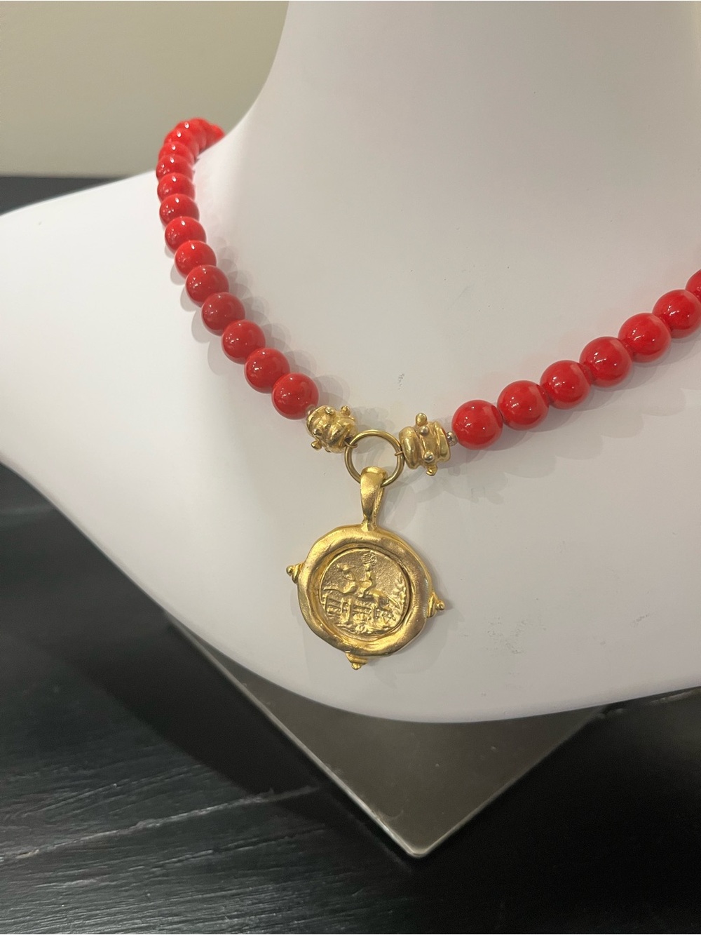 Susan Shaw Red Beaded Gold Medallion Necklace
